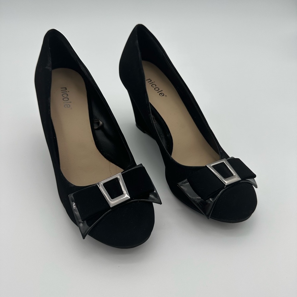 Nicole black velvet wedge heels - size 6.